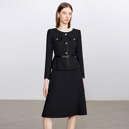 IWY/拼接领黑色假两件连衣裙女秋季新款法式优雅气质职业装Q1448 商品图2
