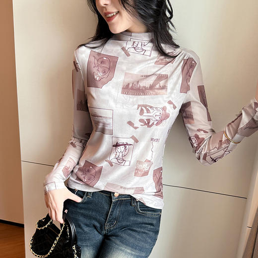 KQLA55F8709 2025新款高端半高领网纱打底衫内搭流行爆款女士纱衣t恤上衣 商品图2