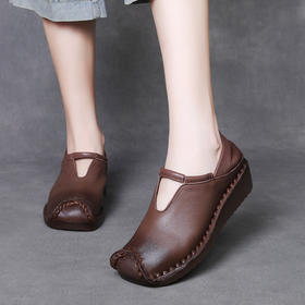 WA53672025春新款头层牛皮坡跟女鞋真皮复古两穿缝包鞋软底妈妈鞋套