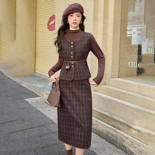 HR YJLY8673百搭气质格纹三件套裙配腰带 商品图1
