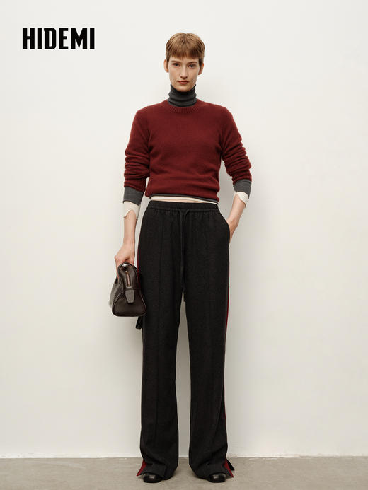 HIDEMI 进口绵羊毛侧缝条纹拼接撞色抽绳加厚阔腿裤长裤 商品图5