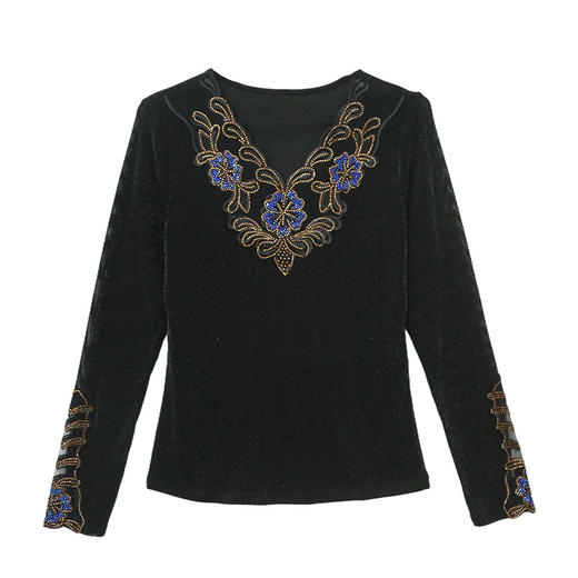 KQL 462H7273上衣优雅花边拼接烫钻洋气网纱收腰气质t恤 商品图4