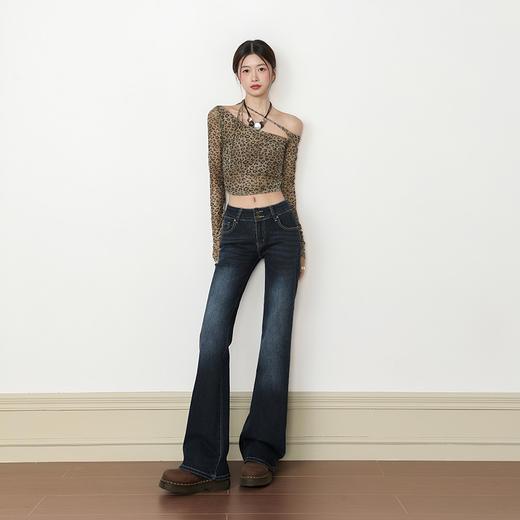 罗蒙女士牛仔裤美式复古低腰微喇辣妹修身直筒长裤子百搭弹力拖地喇叭裤子 商品图2