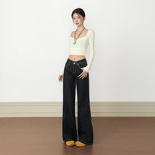 罗蒙秋冬女士牛仔裤深色微喇叭牛仔裤百搭低腰马蹄裤子复古显瘦宽松拖地裤 商品图3