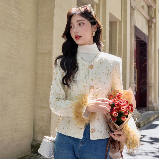 HR YJLY8667钉珠法式小香短外套配袖毛 商品图0