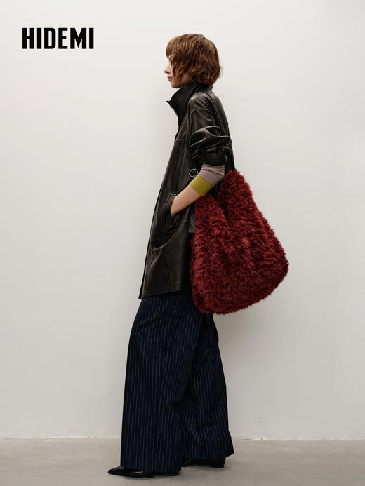 HIDEMI 进口绵羊毛色织可拆卸腰带条纹阔腿裤加厚款长裤 商品图5