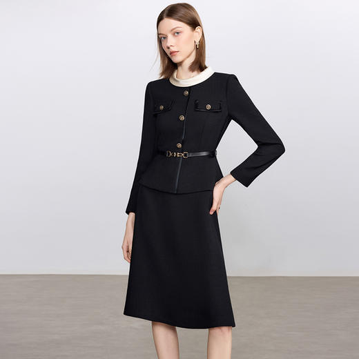 IWY/拼接领黑色假两件连衣裙女秋季新款法式优雅气质职业装Q1448 商品图1