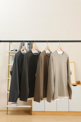 WOODSWOOL丛绒男装假两件肌理感长袖磨毛T恤