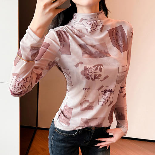 KQLA55F8709 2025新款高端半高领网纱打底衫内搭流行爆款女士纱衣t恤上衣 商品图1