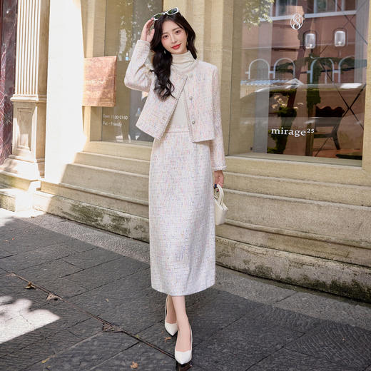 HR YJLY8672小香粗花呢钉珠斜门襟长裙两件套 商品图1