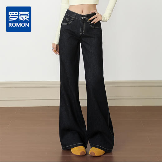 罗蒙秋冬女士牛仔裤深色微喇叭牛仔裤百搭低腰马蹄裤子复古显瘦宽松拖地裤 商品图0
