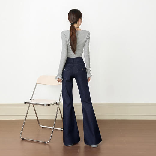 罗蒙女士微喇叭牛仔裤百搭修身垂感马蹄长裤高腰显瘦设计拖地喇叭裤 商品图5