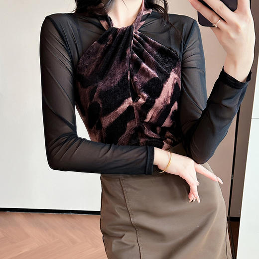 A55F87262025秋冬新款性感网纱复古印花小衫长袖上衣时尚打底衫 商品图2