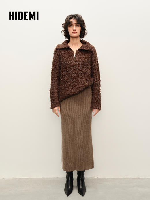 HIDEMI 栗子色羊毛小立领厚款两件套 小立领上衣/半裙 商品图7
