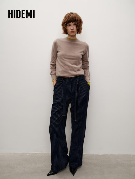 HIDEMI 进口绵羊毛色织可拆卸腰带条纹阔腿裤加厚款长裤 商品图2