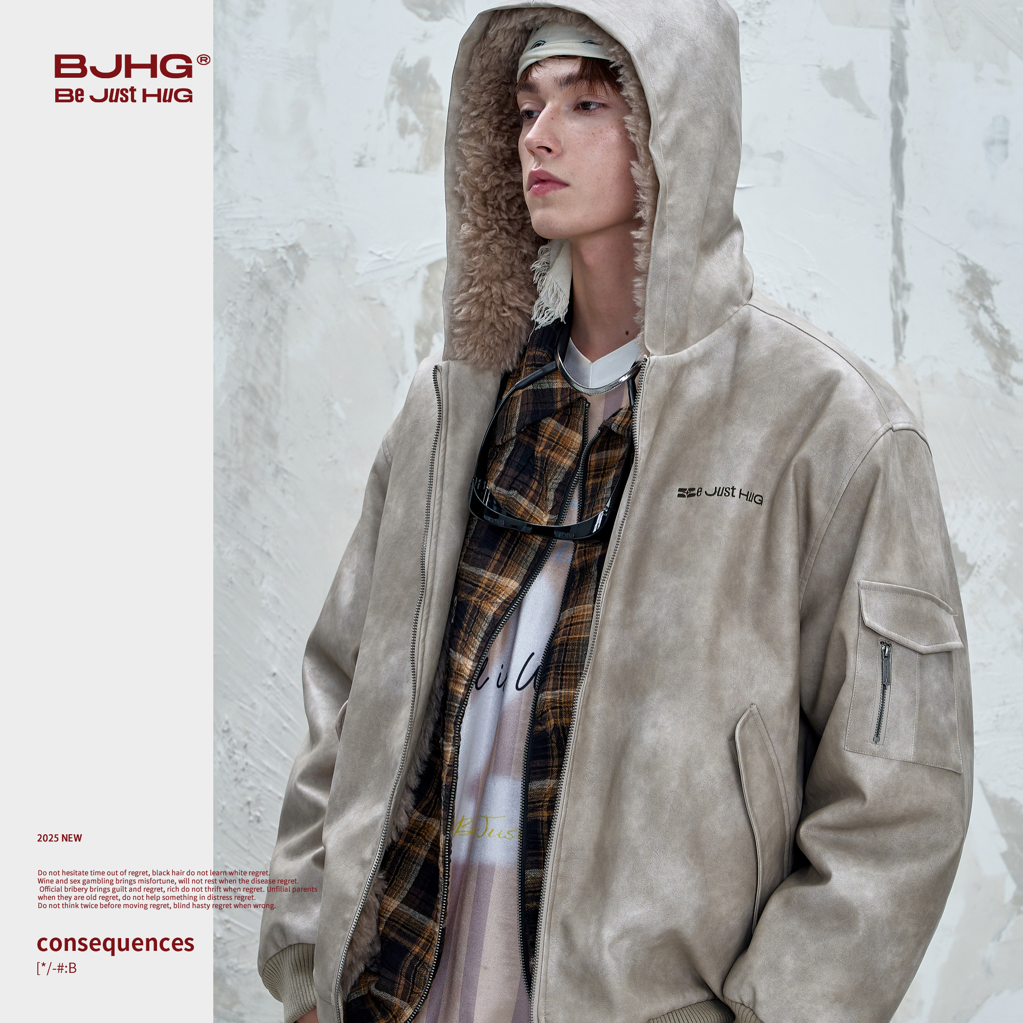 BJHG不计后果做旧PU皮飞行夹克棉服男款秋冬季复古连帽机能风外套