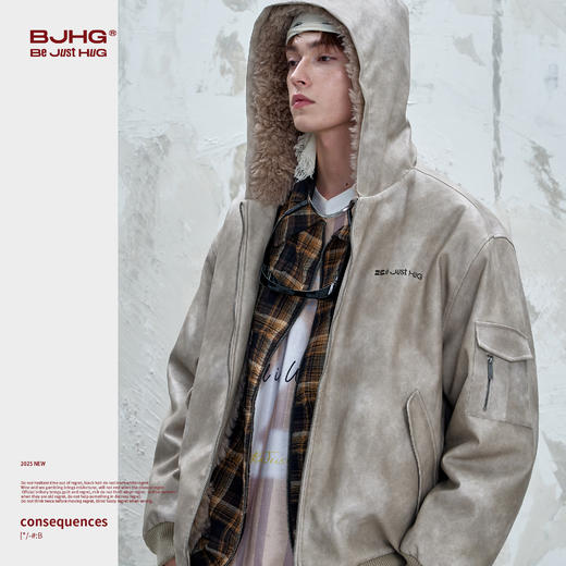 BJHG不计后果做旧PU皮飞行夹克棉服男款秋冬季复古连帽机能风外套 商品图0