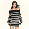 Ariseism 美式复古设计感一字肩条纹毛衣女秋季新款上衣 商品缩略图1