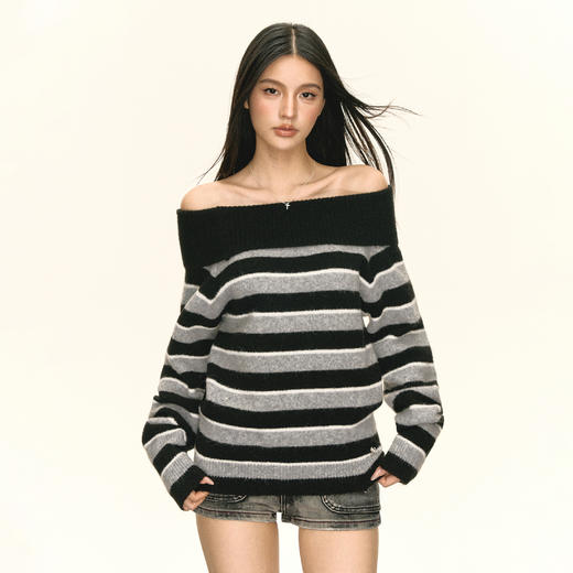 Ariseism 美式复古设计感一字肩条纹毛衣女秋季新款上衣 商品图1