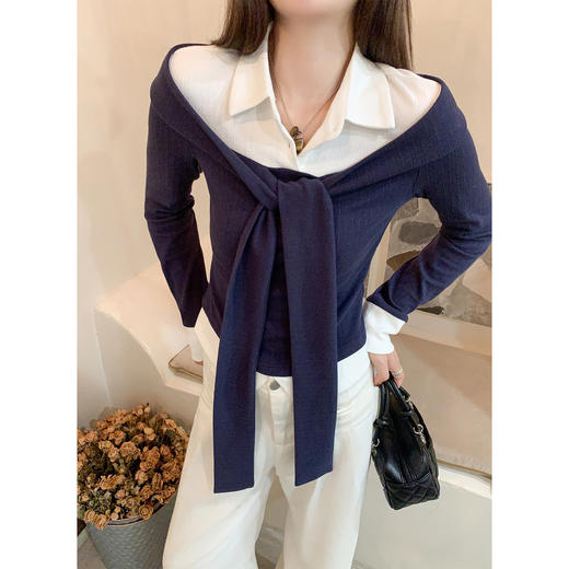 <曾小咸推荐> 拼色绑带长袖T恤 商品图3