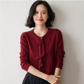 「自」全新升级【铂金会员496/天猫669/差价173】(13639)洛诗琳设计感精纺飘带羊绒衫2025秋冬气质圆领针织开衫女