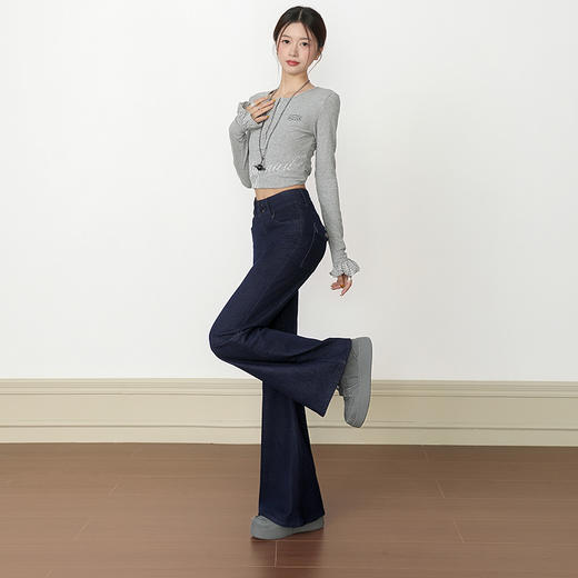 罗蒙女士微喇叭牛仔裤百搭修身垂感马蹄长裤高腰显瘦设计拖地喇叭裤 商品图1