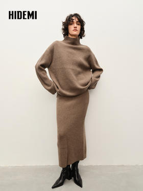 HIDEMI 栗子色羊毛小立领厚款两件套 小立领上衣/半裙