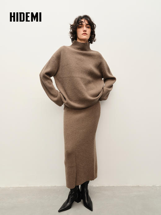 HIDEMI 栗子色羊毛小立领厚款两件套 小立领上衣/半裙 商品图0