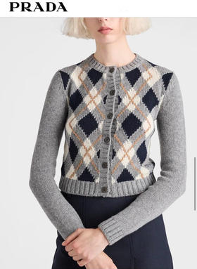 拼色菱格挂毛logo针织开衫