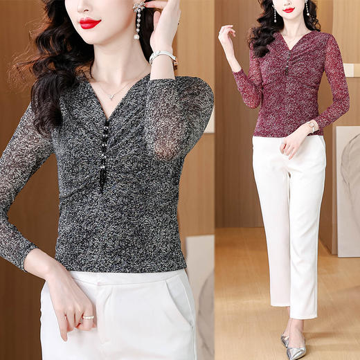 KQL C302N1786印花网纱钉钻打底衫修身显瘦T恤小衫 商品图0