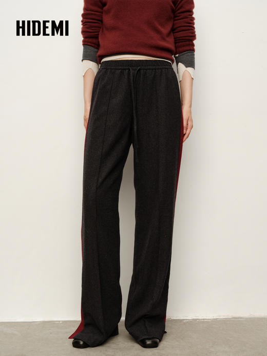 HIDEMI 进口绵羊毛侧缝条纹拼接撞色抽绳加厚阔腿裤长裤 商品图4
