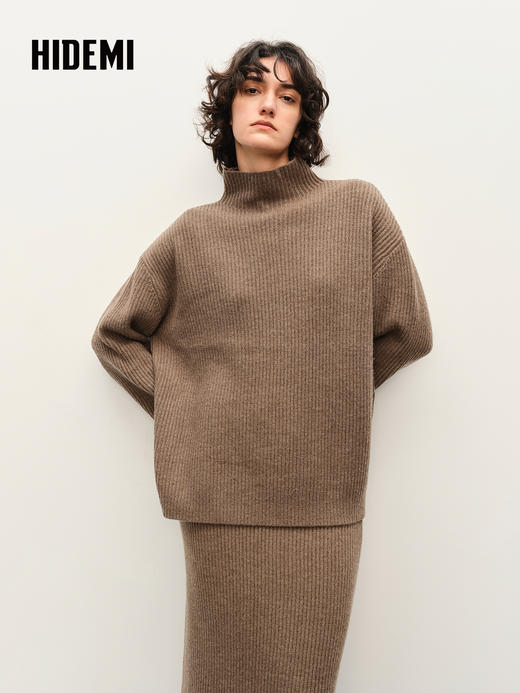 HIDEMI 栗子色羊毛小立领厚款两件套 小立领上衣/半裙 商品图3