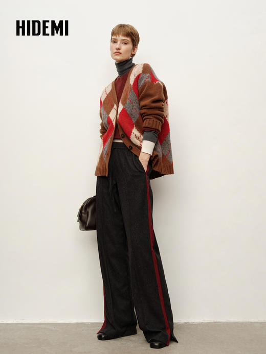 HIDEMI 进口绵羊毛侧缝条纹拼接撞色抽绳加厚阔腿裤长裤 商品图10