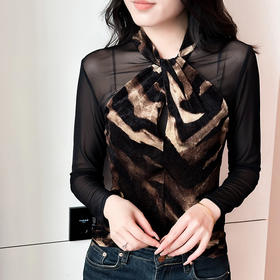 A55F87262025秋冬新款性感网纱复古印花小衫长袖上衣时尚打底衫