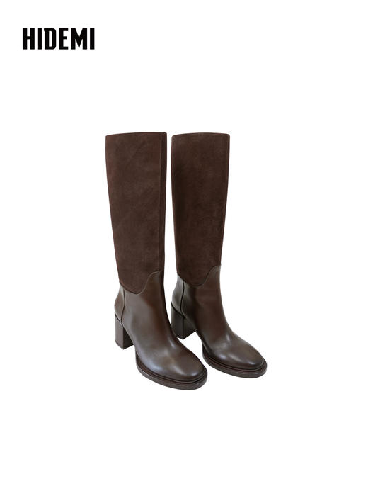 HIDEMI 进口麂皮拼接圆头粗跟7CM长靴宽筒骑士靴 乌木棕 商品图6
