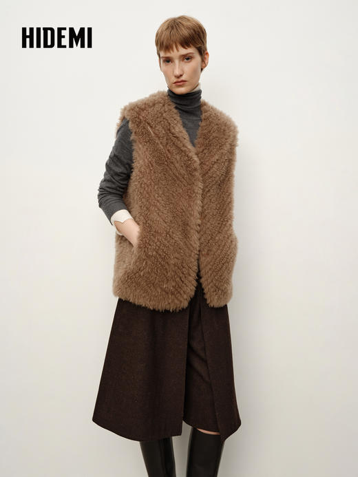 HIDEMI 进口西班牙极细羊羔毛背心马甲皮毛一体 摩卡灰 商品图3