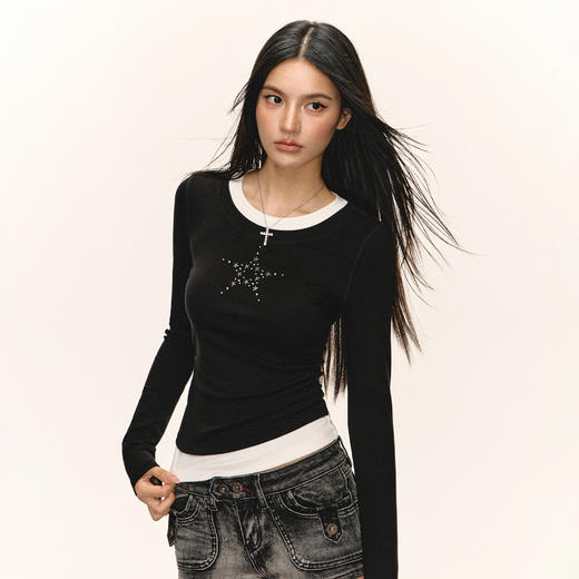 Ariseism美式复古设计感撞色长袖T恤女秋季新款修身打底上衣 商品图4