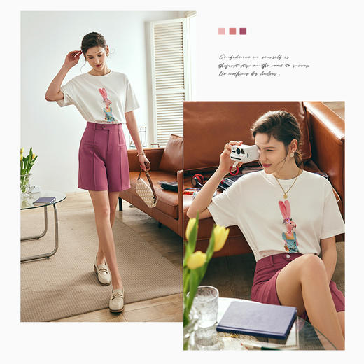 OLrain欧芮儿法式米白色短袖T恤女夏季2025新款宽松钉珠印花上衣 商品图2