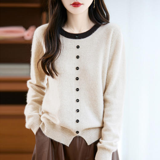 百媚生 100%羊毛圆领假两件拼色套头打底针织衫毛衣M2-452 商品图1