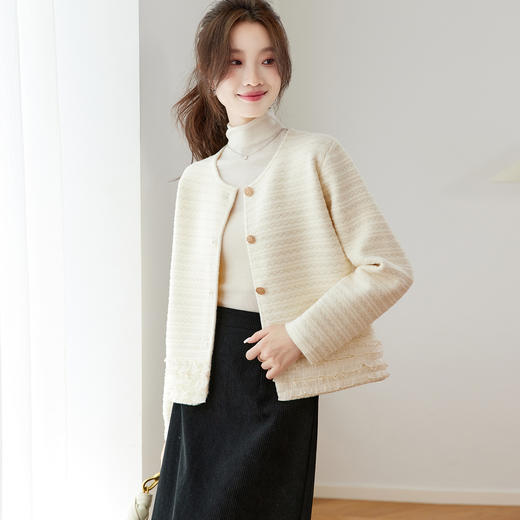 CC 2115小香风圆领韩版外套洋气蕾丝拼接上衣开衫 商品图0