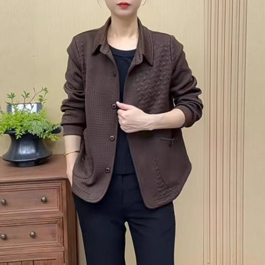 纯色翻领短外套休闲妈妈装E秋季新款立体提花宽松遮肚子长袖开衫 商品图3