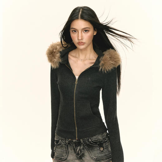 Ariseism 美式复古可拆卸毛领小恶魔连帽卫衣外套女秋短款上衣 商品图3