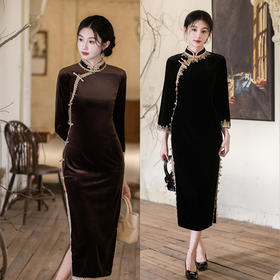 SKY 23047复古中国风丝绒花边收腰显瘦中式旗袍