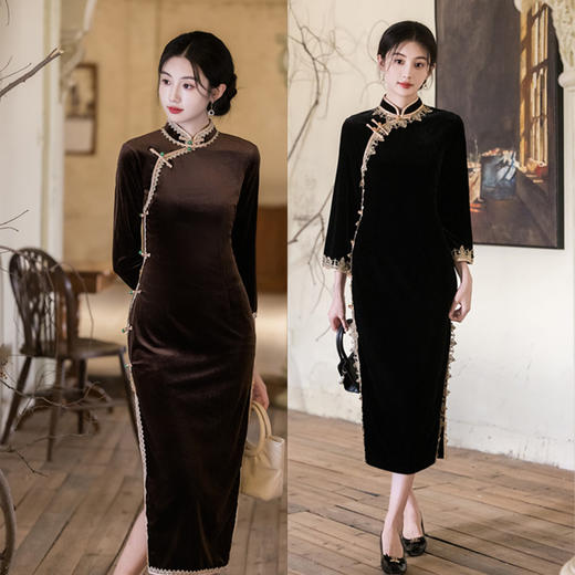 SKY 23047复古中国风丝绒花边收腰显瘦中式旗袍 商品图0