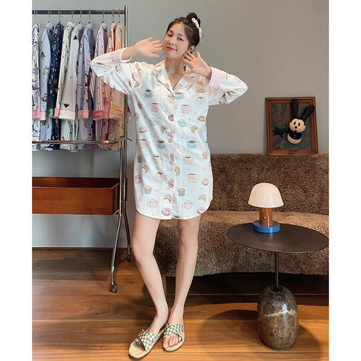 官网399！P.J.Sawage全棉磨毛男友风家居服睡裙女 可外穿性感衬衫长袖裙pjs 商品图4