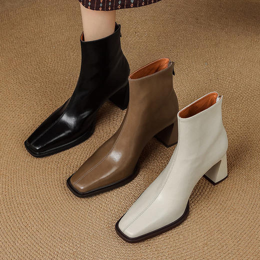 【预售5天】知性优雅气质款！牛皮粗高跟短靴女秋冬季方头通勤职业ol单靴SLLK&sl-7958 商品图0
