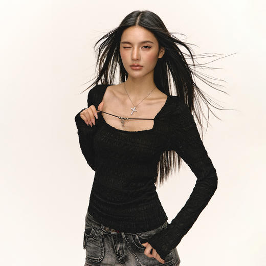 Ariseism美式复古设计感长袖T恤女秋季新款修身打底上衣 商品图1