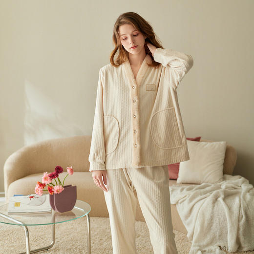 芬腾女士睡衣秋冬季海岛绒开衫长袖套装纯色休闲防静电家居服冬天 商品图4