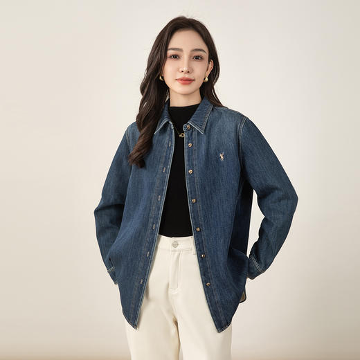 百媚生 天丝棉牛仔衬衫外套女秋冬加绒加厚复古叠穿上衣65729 商品图1