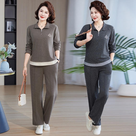 妈妈时尚薄长袖衣中年女装秋装新动服中老年春秋休闲套装两件套 商品图2